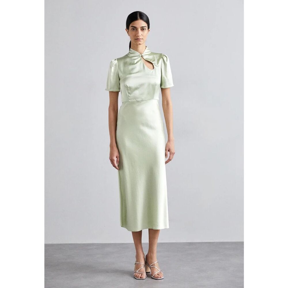Sandro Green Vert Long Straight Round-Neck Satin Effect Maxi Dress Cut-out L